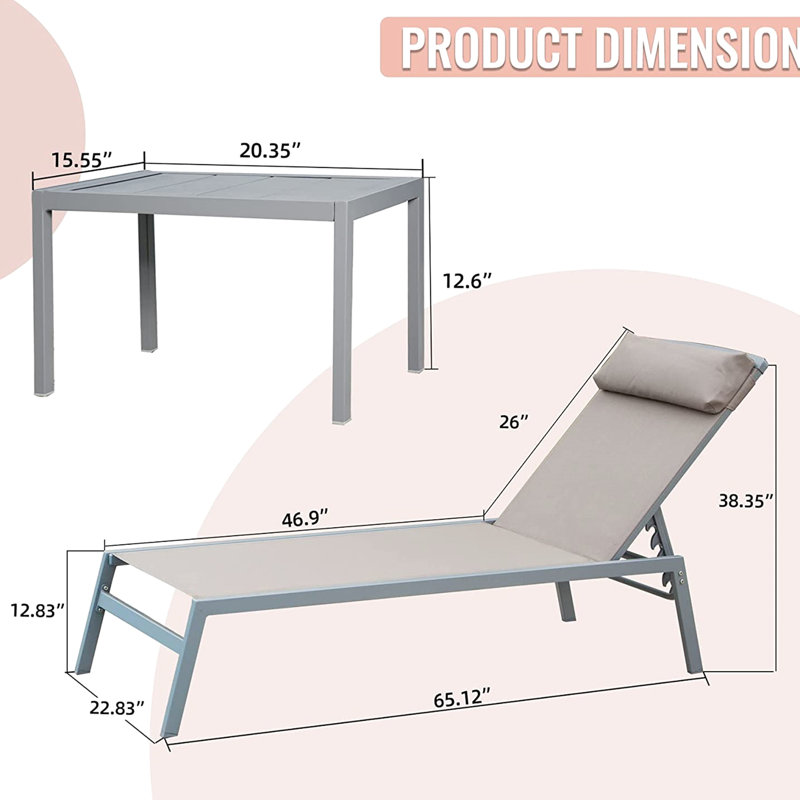 3 chaises de patio - aluminium, tissu, 5 positions réglables, piscine, jardin, chaise longue kaki pour 3 personnes, réglables, terrasse, balcon, cour