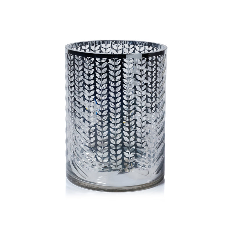 Laser-Etched Metallic Glass Hurricane Candle Holder, Silver, 9.5" H x 7" W x 7" D