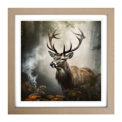 Stag In A Forest Smoke - Framed Print