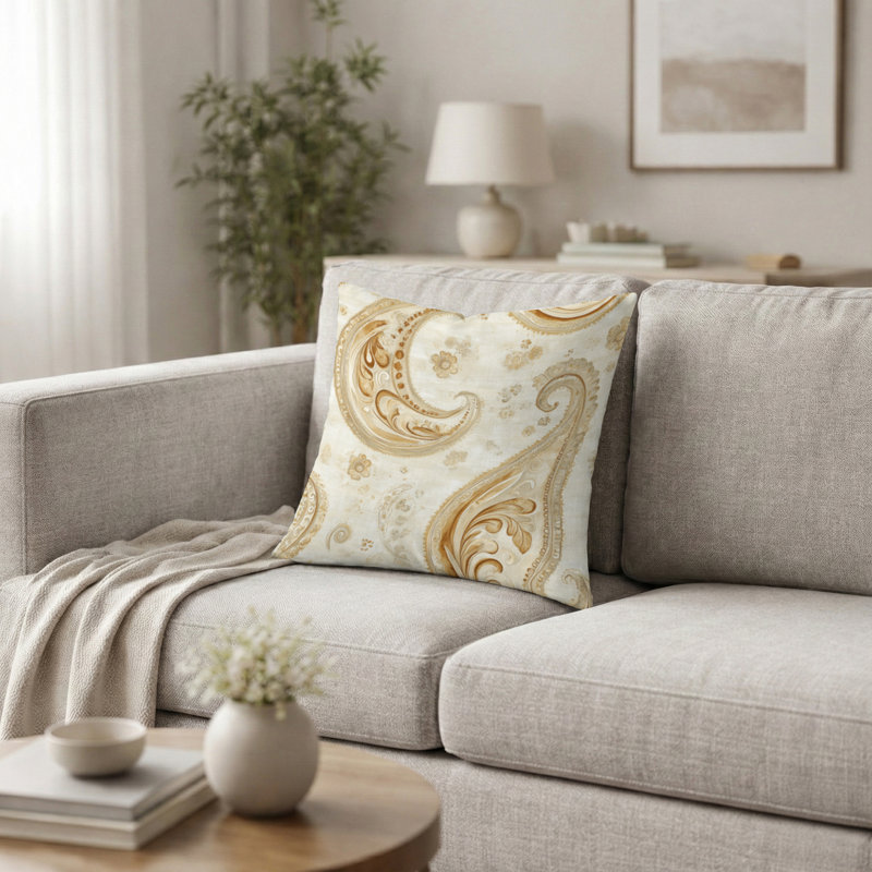 Coussin décoratif moderne à motif floral cachemire beige, H 18 po x l 18 po