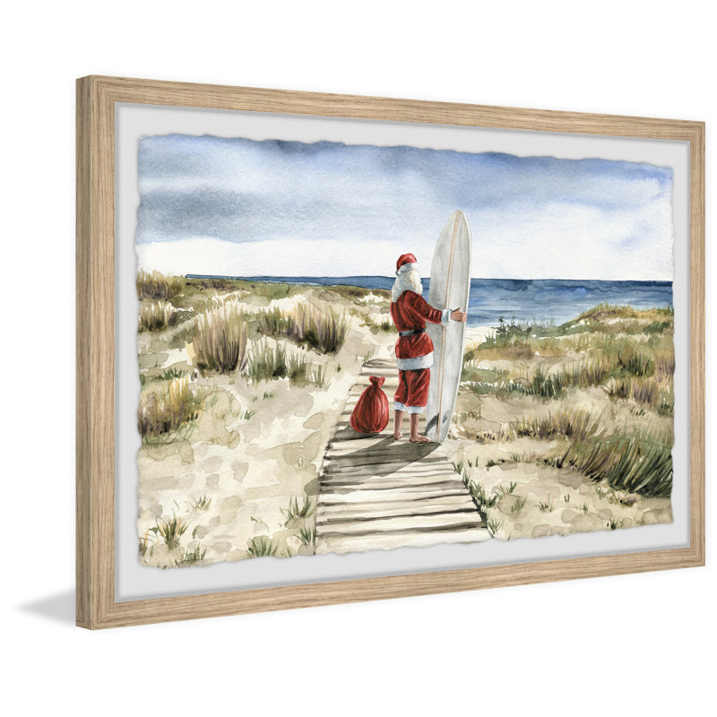 Real Surfing Santa - Single Picture Frame Painting, 20cm H x 30cm W x 3.81cm D