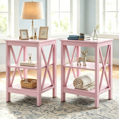 3-Tier Nightstand Set of 2 with Open Storage, Small Bedside Table with X-Side Frame, Modern Wood Accent Table(Set of 2)