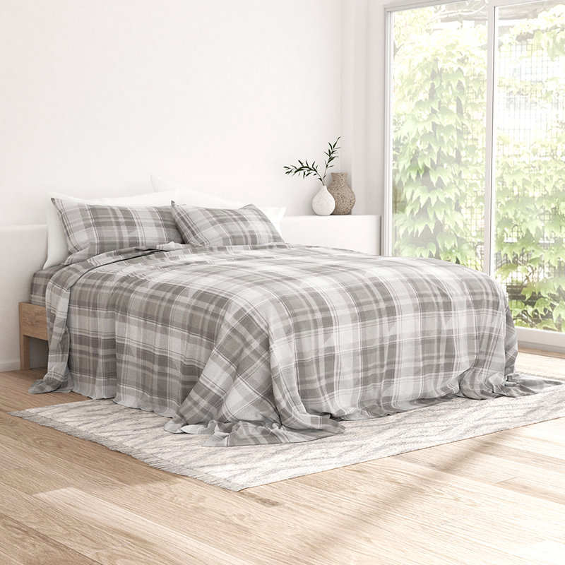 Ensemble de draps 100% coton, Plaid gris clair, Ensemble de draps pour taille de lit très grand c