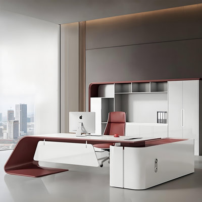 78.74"White and Red L-shape Executive Desk With a Side Cabinet and a Combination Lock