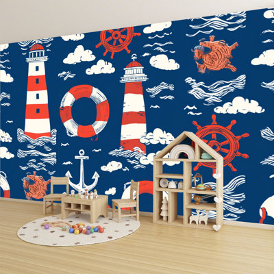 Papier peint adhésif auto-adhésif moderne pour la chambre à coucher Peel and Stick L 96 po x l 69 po avec bouées de bateau