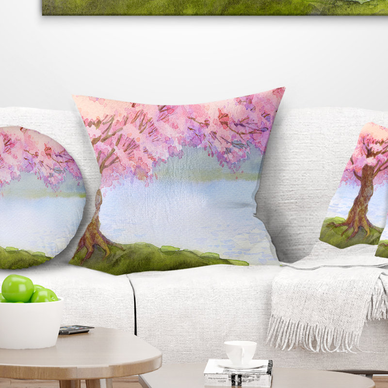 Floral Flowering Tree by Lake Pillow, 18" x 18", Square