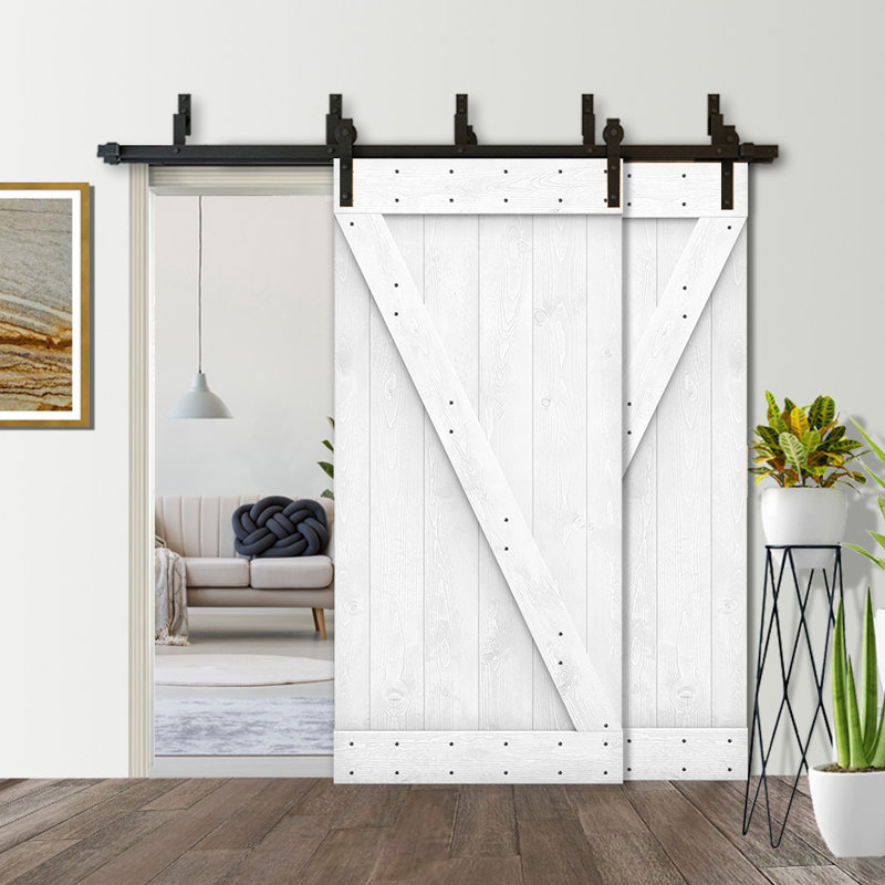 Porte de grange lambrissée peinte en bois et en métal avec trousse de quincaillerie d'installation, Blanc, Noir mat