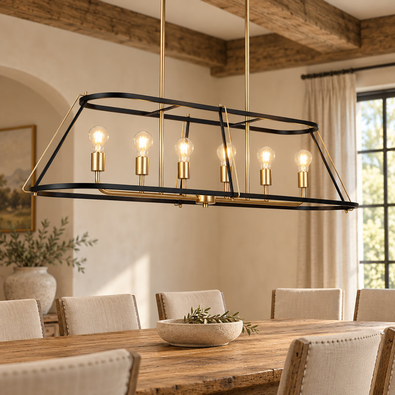 Lustre linéaire noir mat et doré 6 lumières 50,4 "- Design moderne Mid-Century