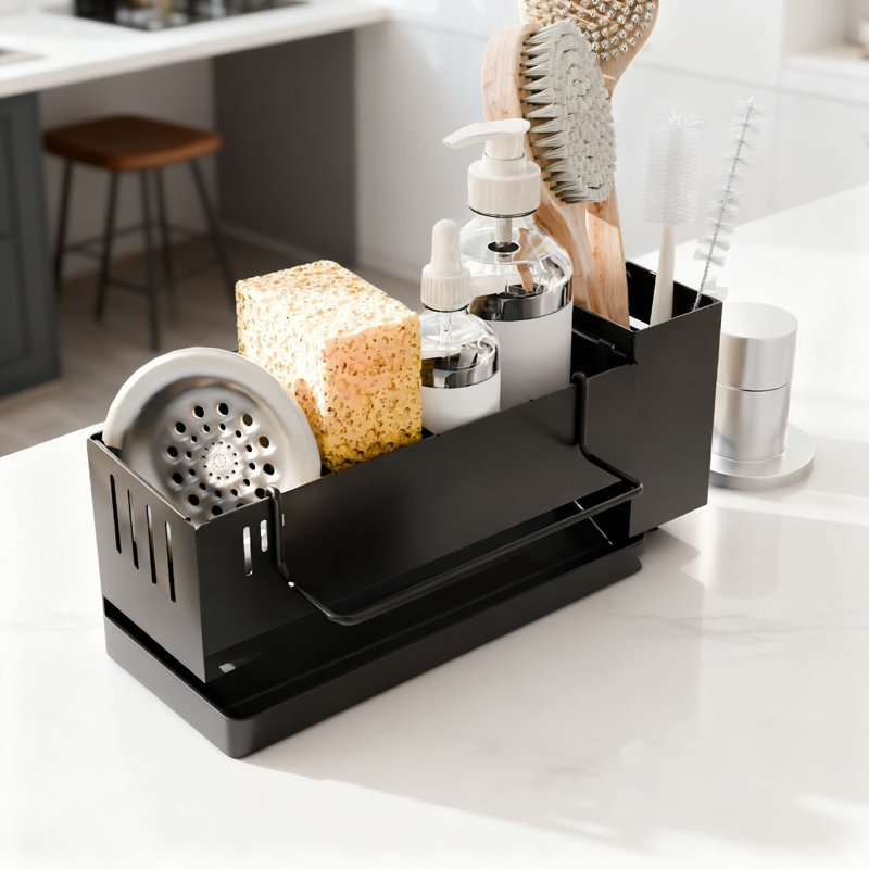 Organisateur d'évier de cuisine avec système de vidange automatique, éponge antirouille et porte-brosse pour économiser de l'espace sur le comptoir et le rangement