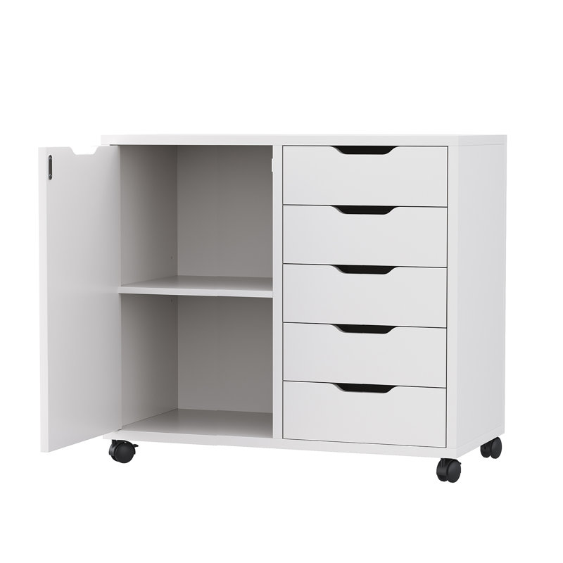Mobile 5-Drawer Storage Cabinet with Wheels, Adjustable Shelf, White