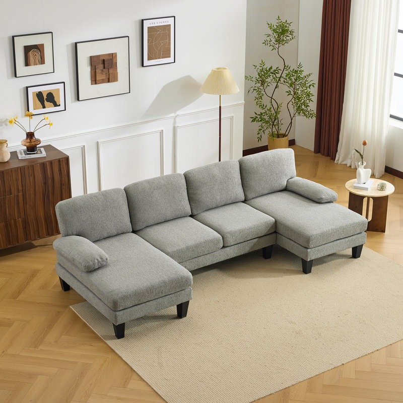 110'' W Pillow Top Arm Light Gray-Blue Chenille Sectionals, Gray Blue Chenille