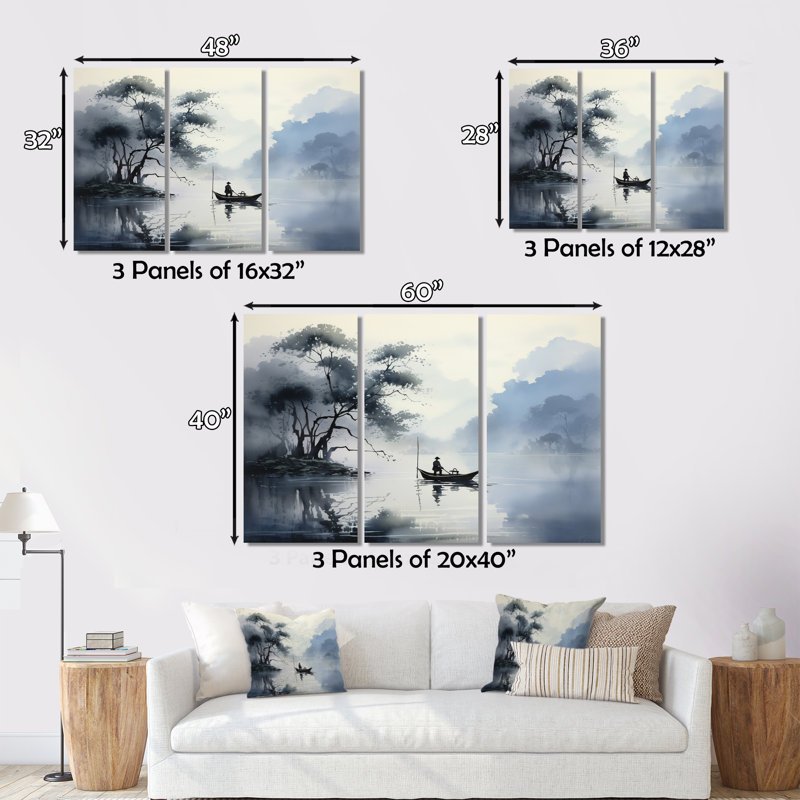 «Asian Art Ink Lake II», reproduction sur toile 3 pièces, H 40 po x l 60 po x P 1 po