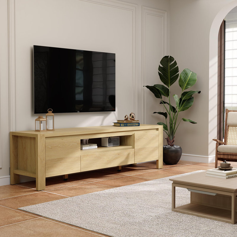 Meuble télé 63 pouces avec portes et armoire Farmhouse, H 62,99 po x L 55,12 po x l 15,75 po, Bois naturel