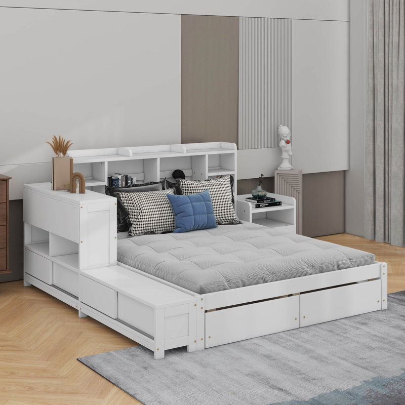Lit plateforme double en bois avec espace de rangement multifonctionnel, table de chevet, tiroirs, ports USB et bureau, Blanc