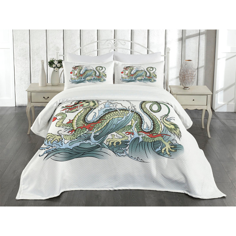 Ambesonne Dragon Bedspread Set  Eastern Creature  Pale Green Vermilion, King Coverlet / Bedspread + 2 Standard Shams