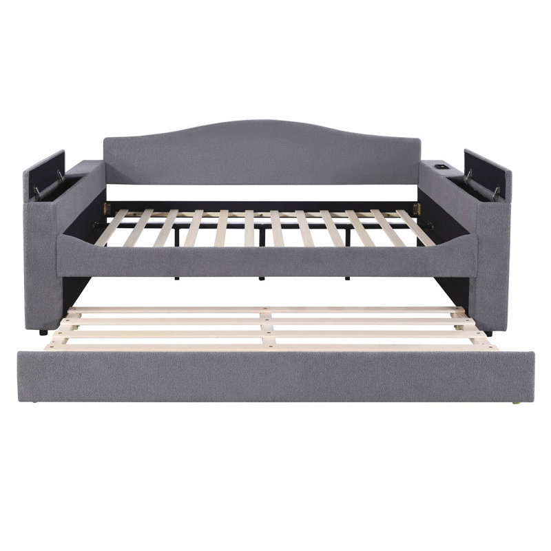 Upholstered Daybed With Storage Armrests, Trundle And Latest Integrated Bluetooth Audio System, Teddy Fleece, Gray, Full