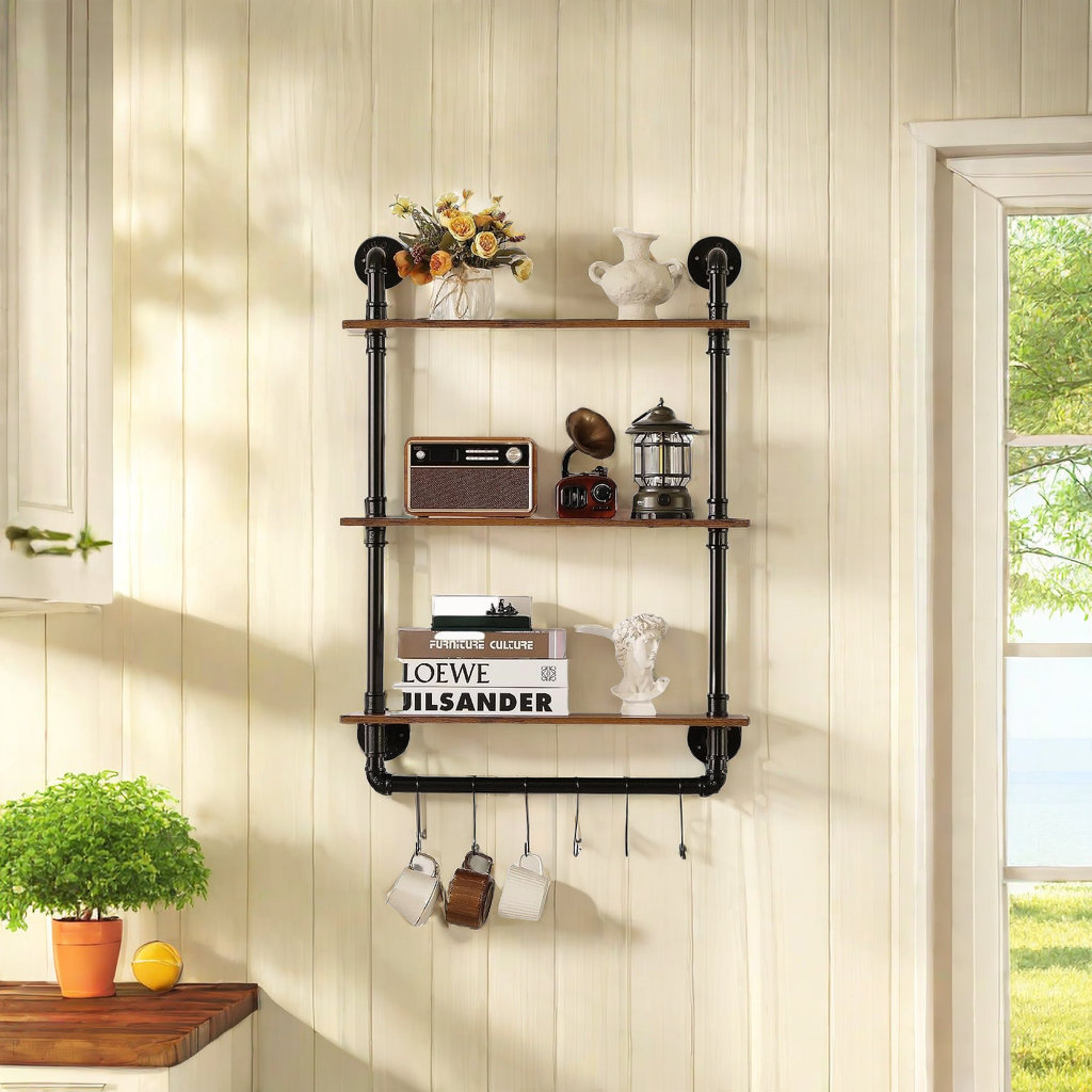 Industrial Pipe Shelf Bracket, 2 Tiers Retro Wall Mounted Floating Shelf, Wood DIY Bookshelf