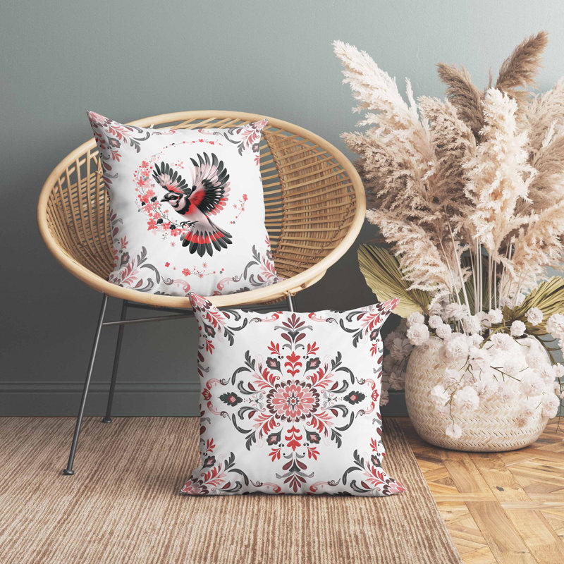 Oreiller Blaze Bird, Noir / blanc / rose, Carré 16 po