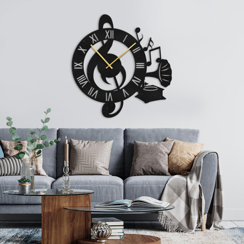 Grande horloge murale silencieuse en métal, L 24 po x H 24 po, Noir