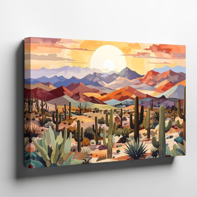 A Stylized Desert Landscape Illustration With Repeating Cacti Under A Setting Sun The Canvas Wall Art Premium Quality Ready To Hang