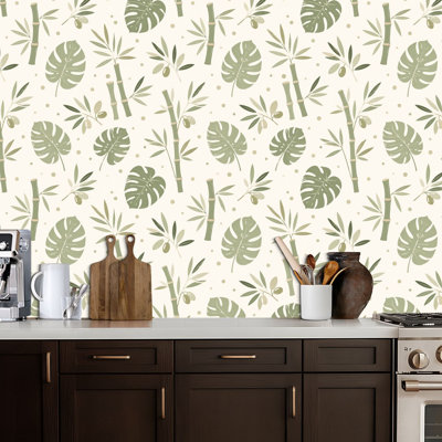 Peel and Stick Wallpaper Monstera Leaves Bamboo palm tropical Botanical Soft Green Minimalist Contact Paper Removable Self Adhesive Wall Mural Wall Decor for Bedroom Kitchen Cabinets 17.7in x 118in