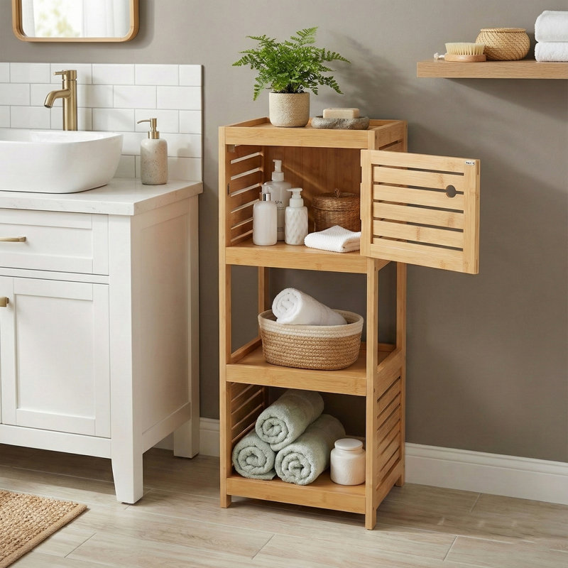 Compact Bathroom Storage Cabinet with Open Shelves and Vented Door, Natural - Trinidad Collection