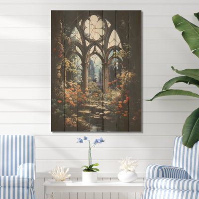 Green Church Window Floral Blooms - Coastal Windows On Wood Print