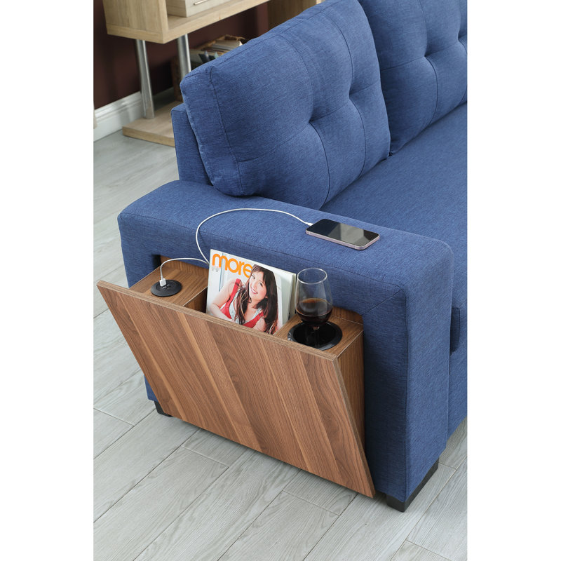Canapé modulaire 3 pièces en lin, bleu, rembourré de mousse, l 92 po x P 53 po, H 34,5 po, canapé modulaire et porte-gobelet ouvert, bleu, 92 po x 53 po x 34,5 po,