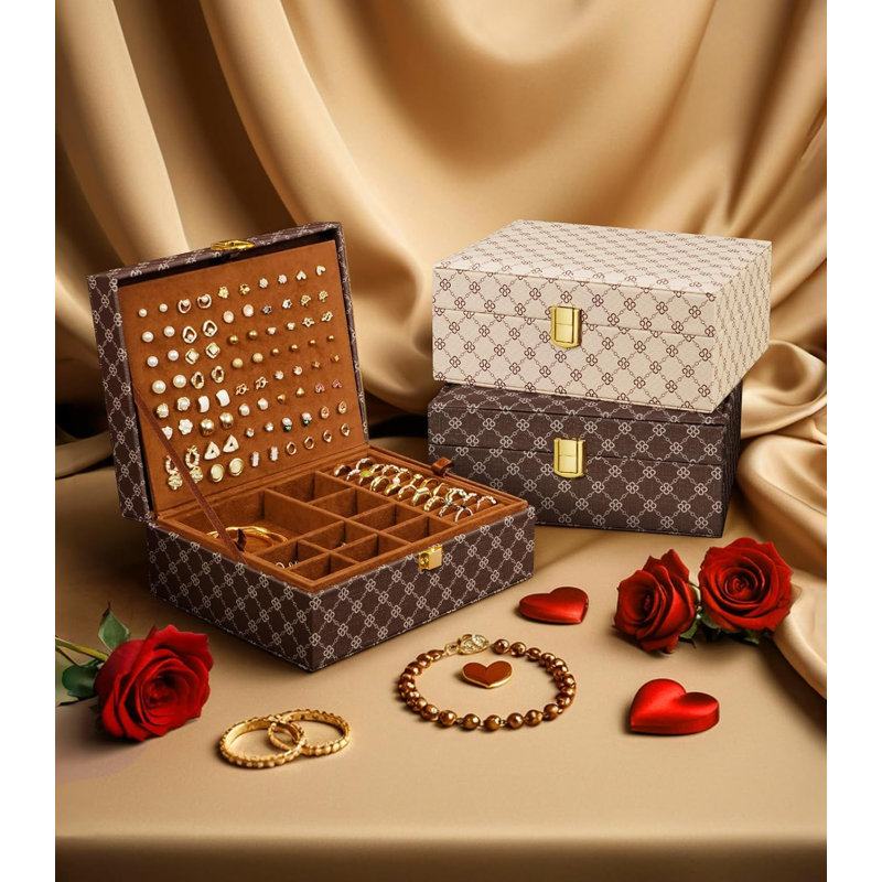 Boîte à bijoux pour femme avec serrure - Étui à boucles d'oreille à 4 couches pour bracelets à bagues - Cadeau de la Saint-Valentin avec doublure en cuir et en velours