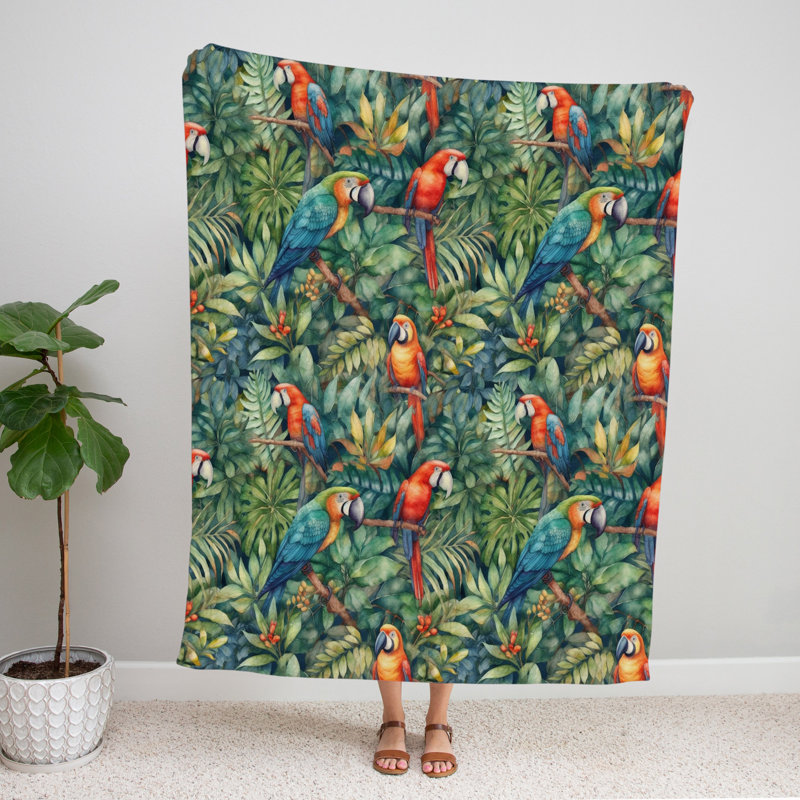 Throw Blanket, 68" W x 80" L, Animal Print/Floral, Orange/Green/Blue