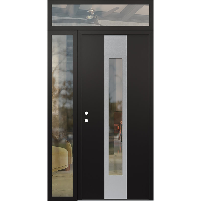 Porte d'entrée avant à panneau en acier argenté avec panneau latéral droit Diamond A., L 50 po x H 96 po, Noir, Clair