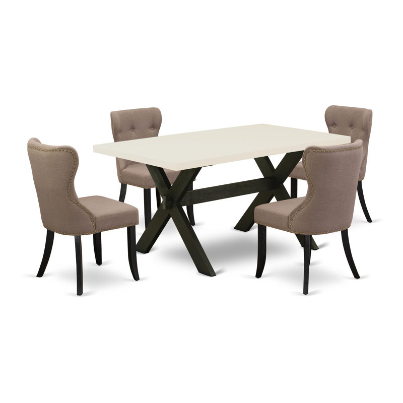 Ensemble de table de salle à manger 5 pièces moderne comprenant une table rectangulaire en bois avec pieds en X et 4 chaises de salle à manger en tissu Parsons, noir brossé