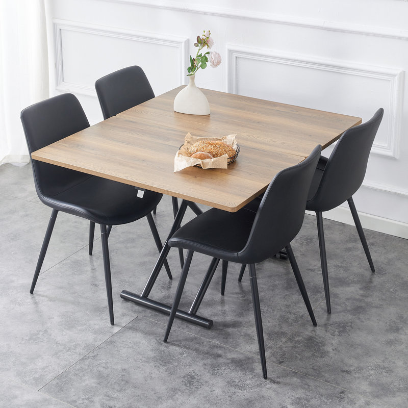 5-piece Transitional Style Rectangular Dining Table Set, Expandable Folding Kitchen Table, Natural Wood/Black, Black