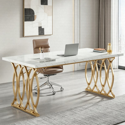 63" Executive Desk, Modern Computer Desk Conference Room Table With Faux Marble Top