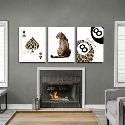 Tendance léopard, ensemble de 3 impressions murales sur toile - guépard, décorations murales Funky Lucky You, affiche 8 balles, peintures esthétiques BCBG
