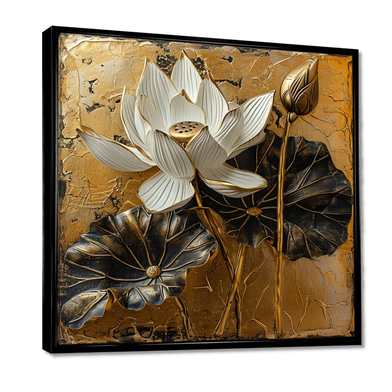Boncelles - Lotus, art mural, Cadre flottant noir, bois massif, H 16 po x l 16 po