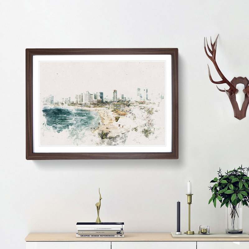 Tel Aviv Israel Skyline - Picture Frame Painting Print, 45cm H x 63cm W x 2cm D, Black Framed