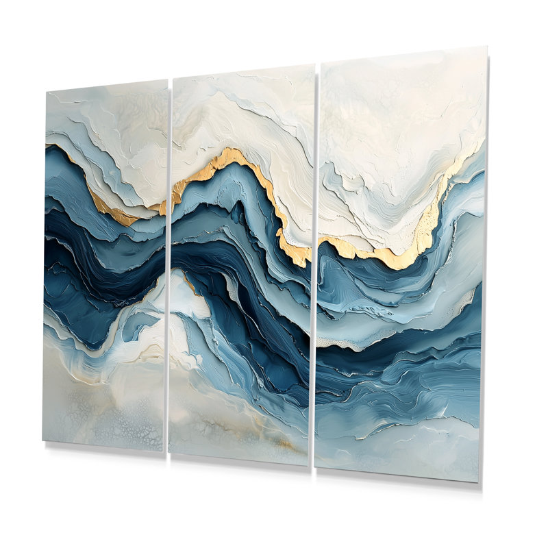Ensemble de décorations murales vagues marbrées blanches et bleues III, Métal métal, H 28 po x l 36 po x P 1 po