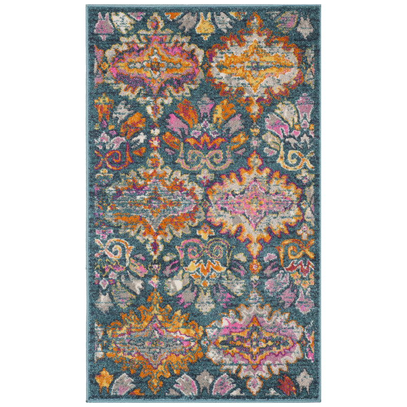Christa Oriental Blue/Orange/Pink Area Rug, Rectangle 2'6" x 4'