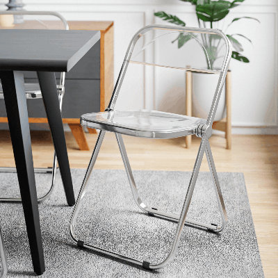 Birgitta Modern Acrylic Folding Chair – Transparent Plastic Accent Chair with Chrome Metal Frame, Stackable for Dining, Office, Vanity, or Small Spaces