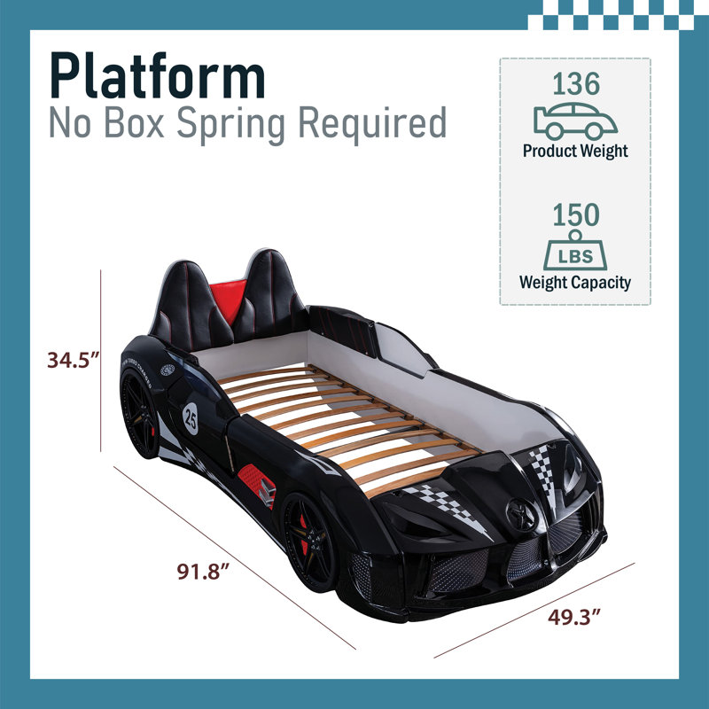 Lunnie Twin Race Car Bed with LED Lights and Remote Sounds, Black