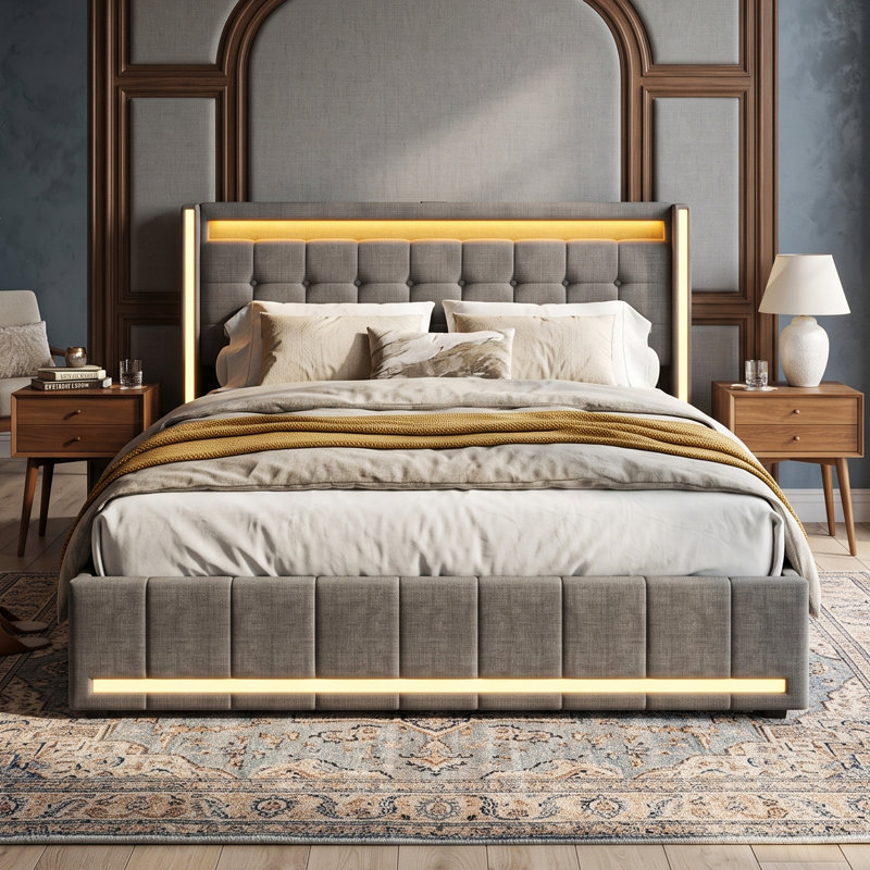 UK & EU Linen Upholstered Bed Frame with 360° RGB LED & USB Type-C, Underbed Storage Drawers, Single, Double & King, Grey & Beige