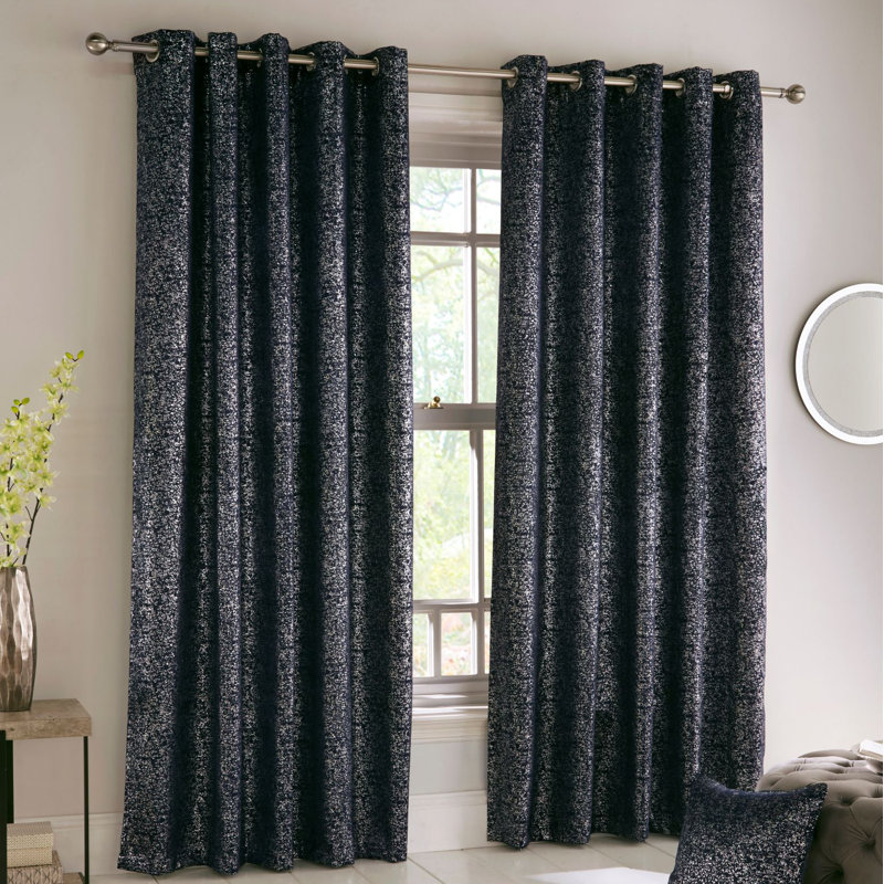 Vasquez Halo Eyelet Room Darkening Thermal Pair of Curtains, Navy, 229cm Width x 137cm Drop