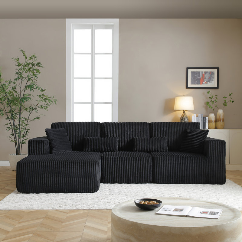 109" Modular Boneless Corduroy Sectional Sofa With Chaise, No Assembly L-Shape Couch Reconfigurable Design, Black