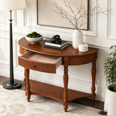 Console demi-lune en bois massif avec tiroir et tablette, table d'entrée incurvée cannelée rétro pour vestibule de salon de couloir, table de canapé à espace étroit avec pieds romains sculptés