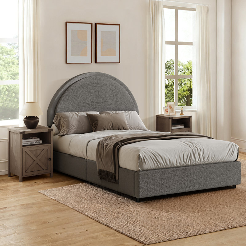 Ensemble de chambre à coucher rembourrée 3 pièces et ensemble de 10 tables de chevet, Gris pâle / gris, Simple