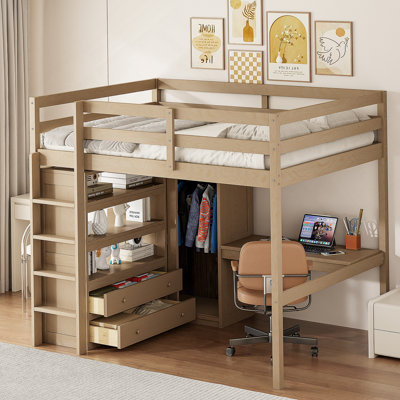 Wood Full Size Loft Bed With Built-In Wardrobe, Desk, Storage Shelves And Drawers, Walnut(Old SKU:GX000466AAD)