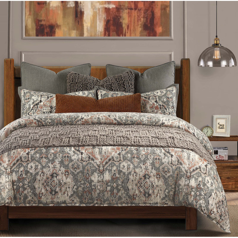 Gray Medallion Pattern Linen King Duvet Cover Set