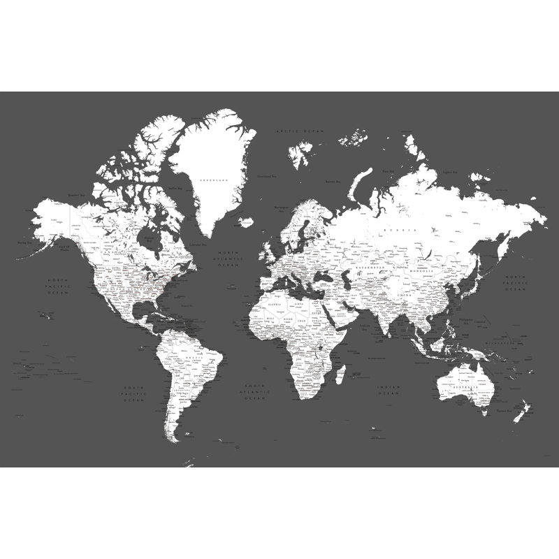 Carte du monde magnétique encadrée dans des tons de terre, H 22 po x l 33 po x P 1 po, Blanc / Gris