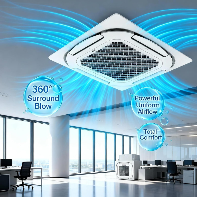 Mini Cassette de plafond 18 000 BTU climatiseur central divisé - Débit d'air 360 ° à 8 voies - Refroidissement et chauffage sans conduit - Télécommande - 208 / 230V - Trousse d'installation de 25 pi - Norme américaine - Spécifications: Norme américaine